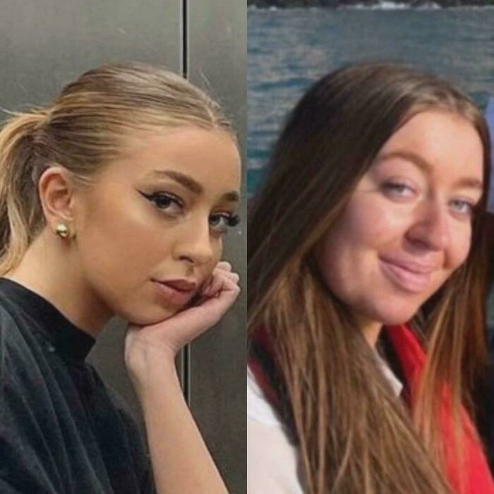 A split image shows a woman with heavy makeup and a ponytail on the left, and the same woman with lighter makeup and down hair on the right, highlighting people not natural on social media.