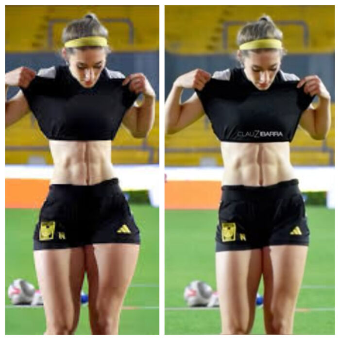 A split image of a woman on social media with visible abdominal muscles, posing unnaturally for the camera.