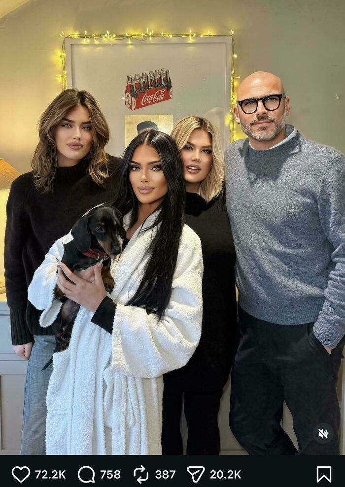 Family photo with distinct social media poses and appearances, including a woman holding a dog.