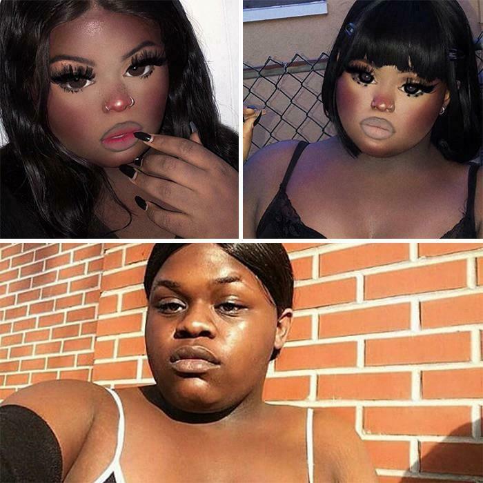 Three separate images of people with unnatural social media appearances, featuring heavy makeup and filtered looks.