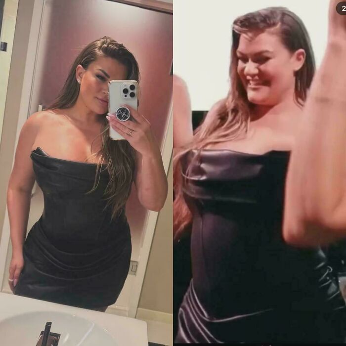 A woman in a black dress, a side-by-side comparison of her posing in a mirror and a more natural social media look.