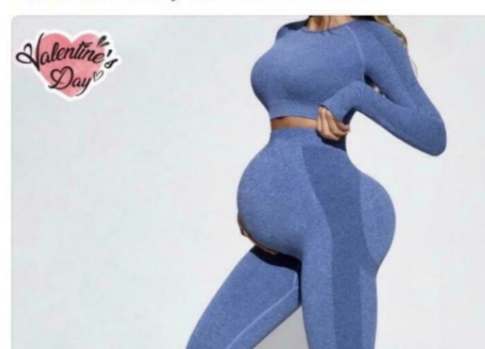 A woman poses with a dramatically exaggerated body shape in activewear, trying to look natural on social media.