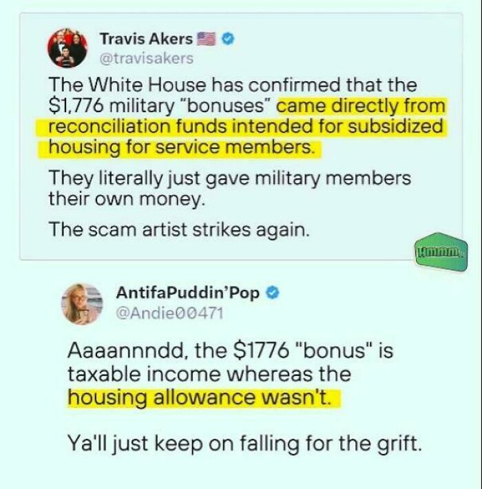 A screenshot from Twitter combining intelligentsia with blatant foolishness, discussing military bonuses.