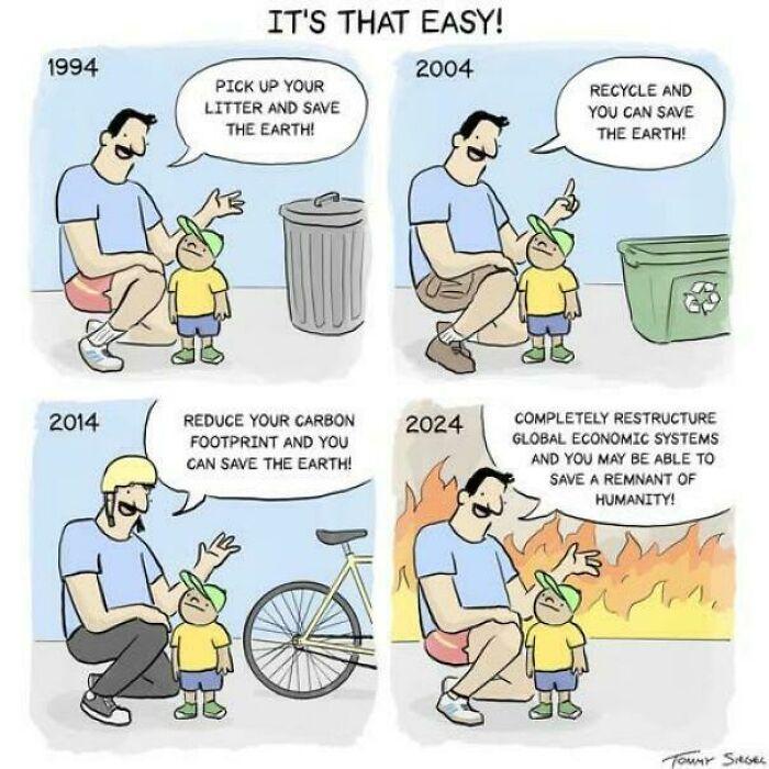 A four-panel comic illustrating changing environmental advice from 1994 to 2024, highlighting geek things and intelligensia.