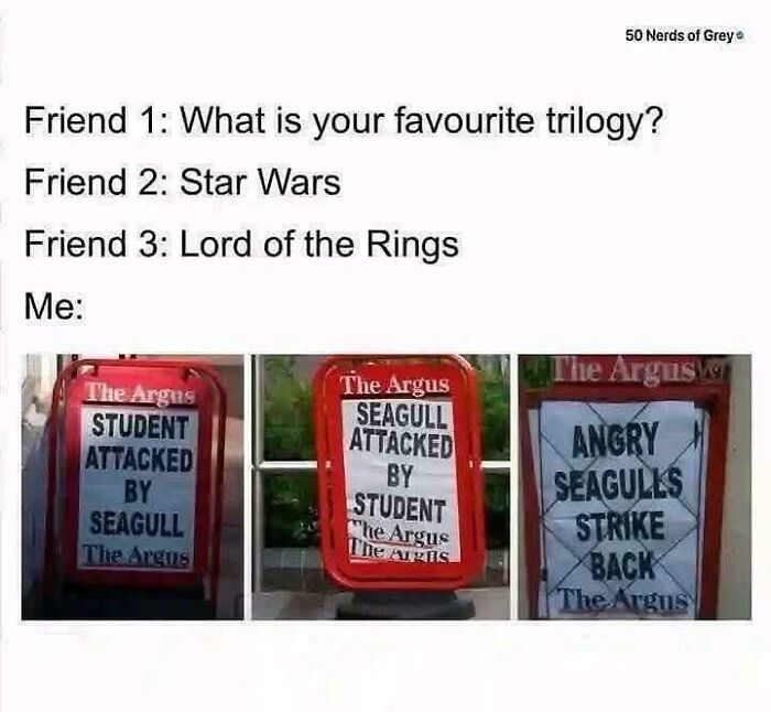 A meme with three newspaper headlines about seagulls and text about favourite trilogies, showcasing blatant foolishness.