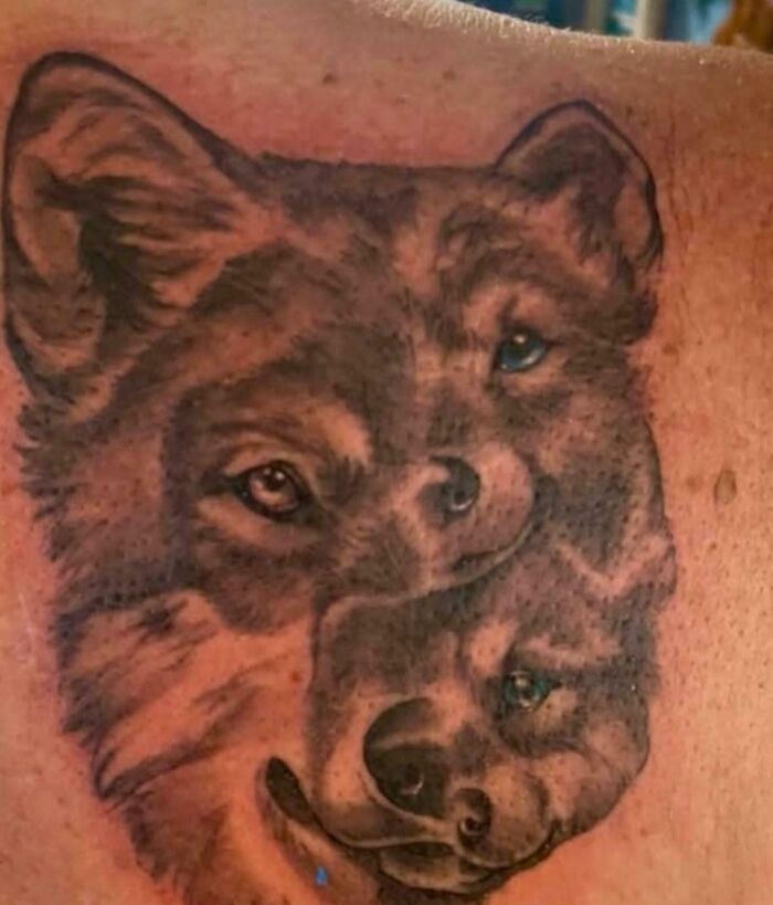 Tattoo of two overlapping bear faces on skin, an example of bad tattoos proving thinking first is optional.