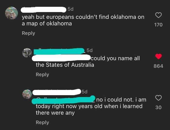Social media comments showing people failing at geography with confusion over states of Australia and Oklahoma.