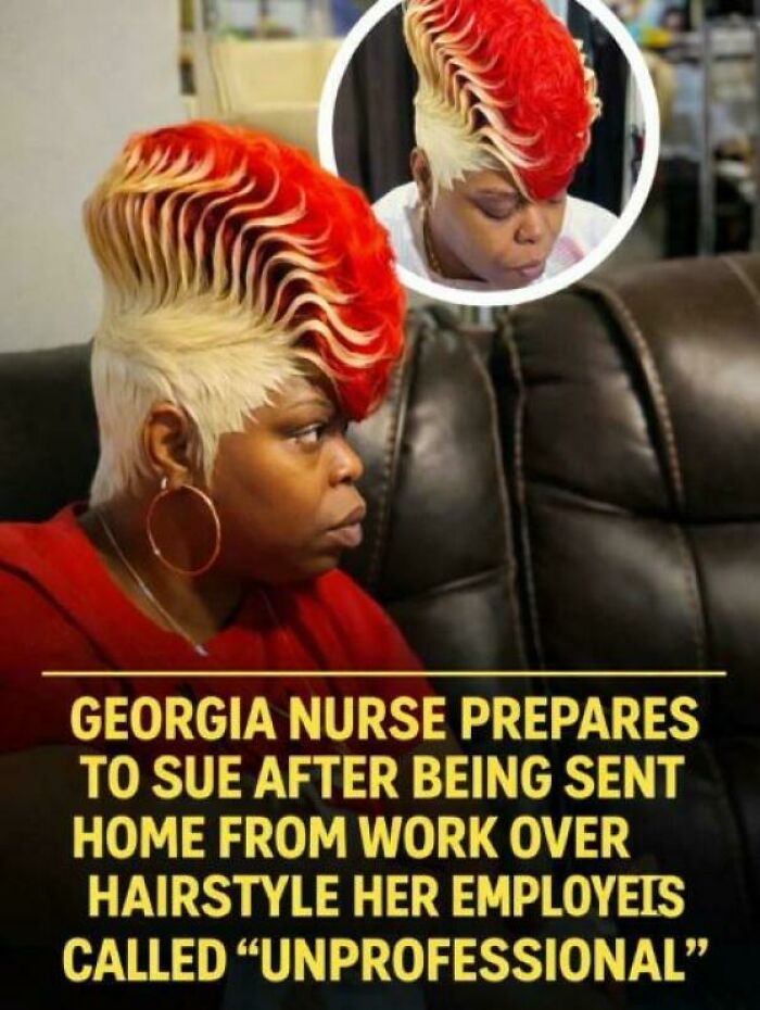 A woman with an unfortunate haircut, featuring dramatic red and blonde waves, looks off to the side.