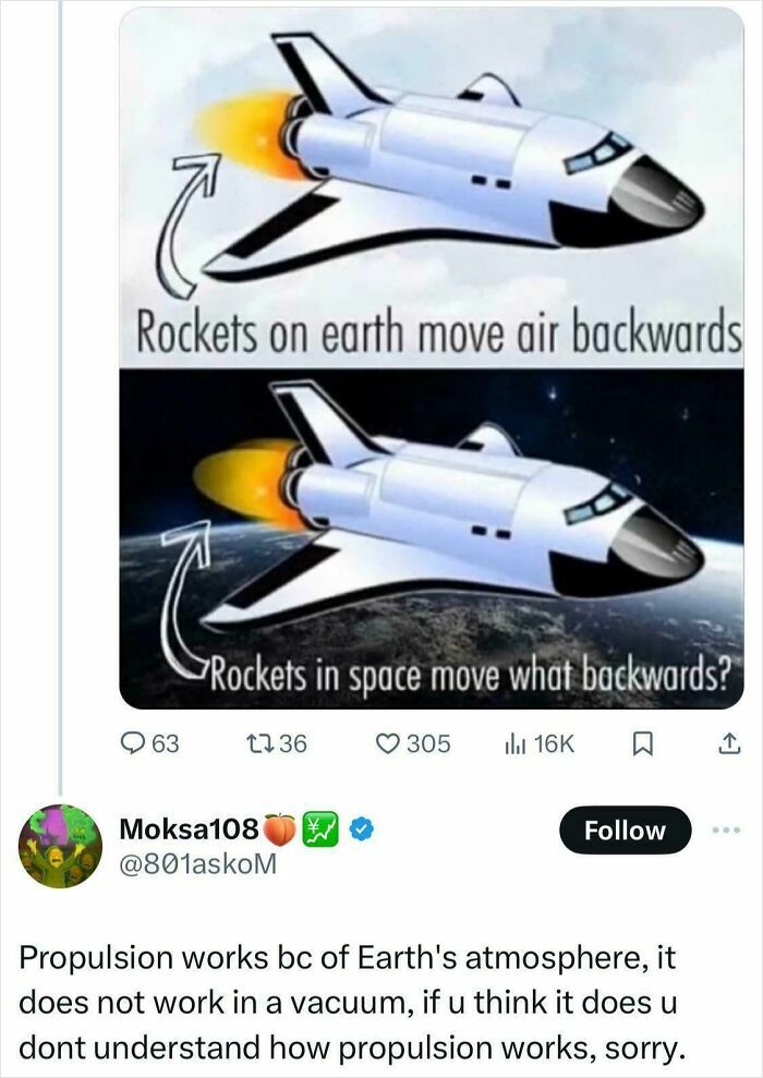 Meme showing a rocket with captions about propulsion misunderstandings, illustrating geography and science fails.