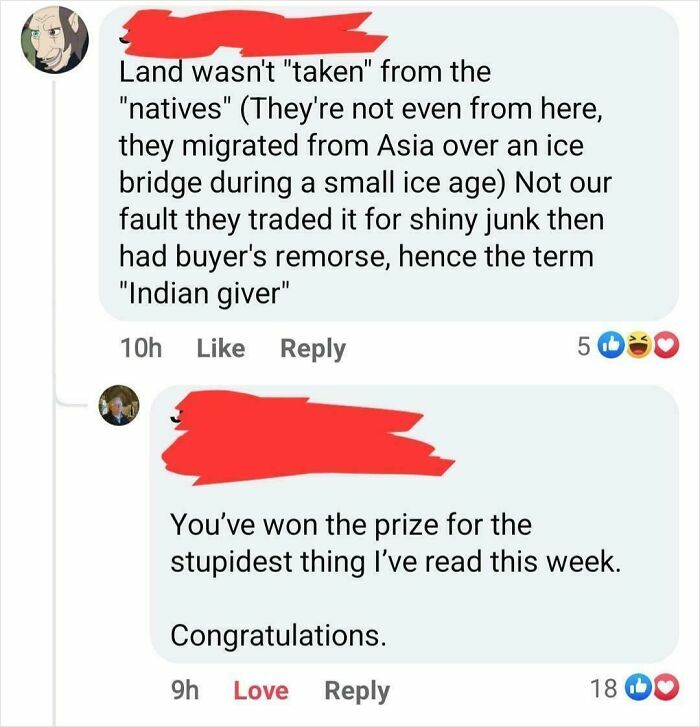 Social media comments showing a geography fail about natives and migration sparking internet facepalm reactions.