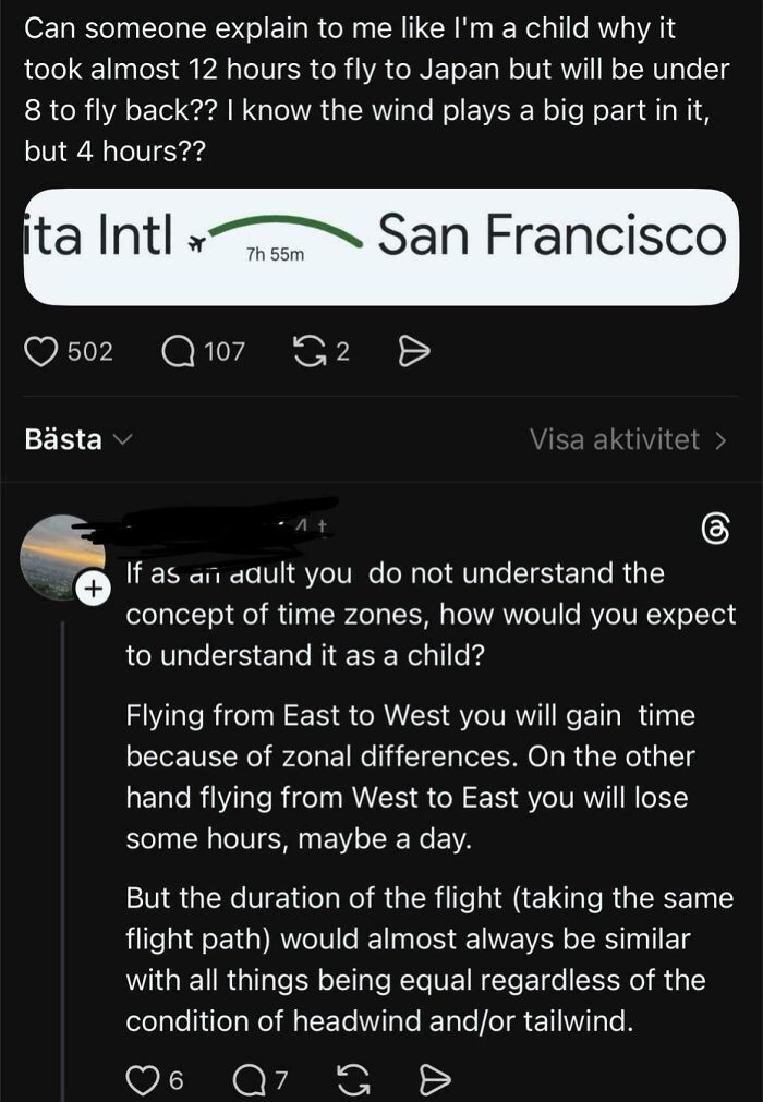 Social media post questioning flight times from Asia to San Francisco with comments explaining time zone effects and geography fails.