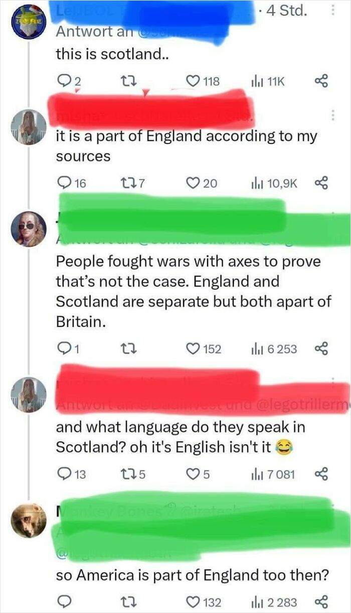 Social media comments debating geography facts about Scotland, England, and Britain showing people failed at geography.