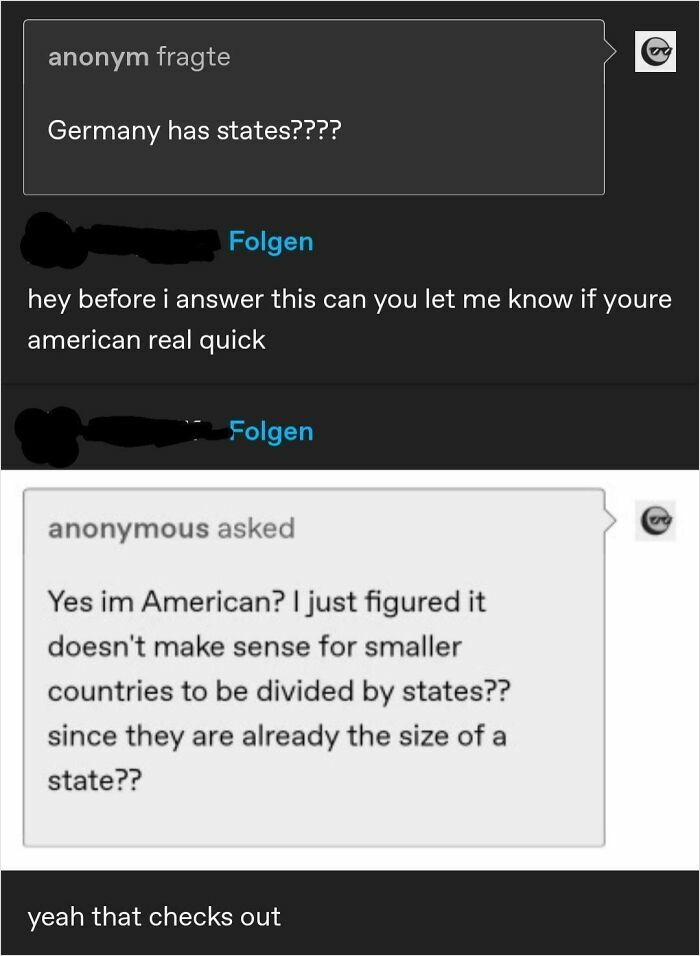 Screenshot of a conversation where someone questions if Germany has states, highlighting geography fails online.