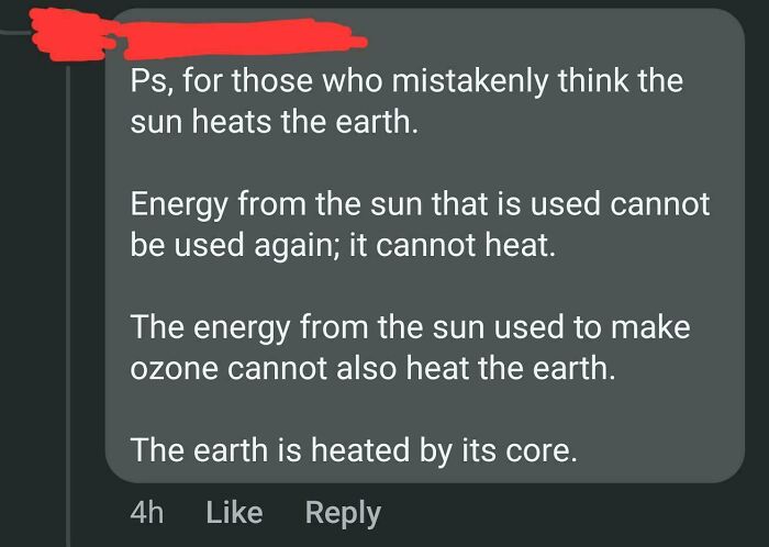Comment explaining incorrect belief about the sun heating the earth, highlighting a common geography fail online.