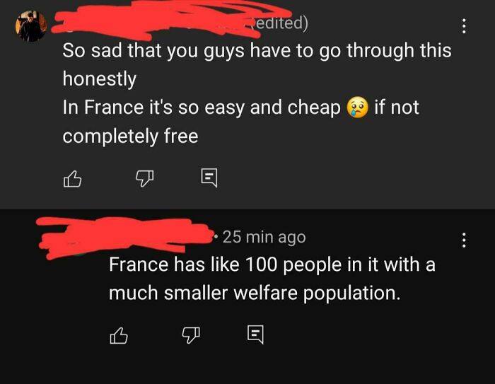 Comments showing people failing at geography with incorrect facts about France's population and welfare system.