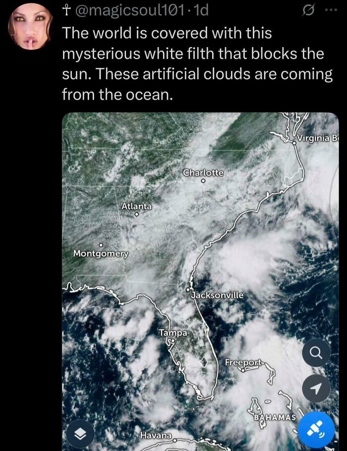 Tweet claiming artificial clouds block the sun over southeastern US with satellite image, showing notable geography fails.