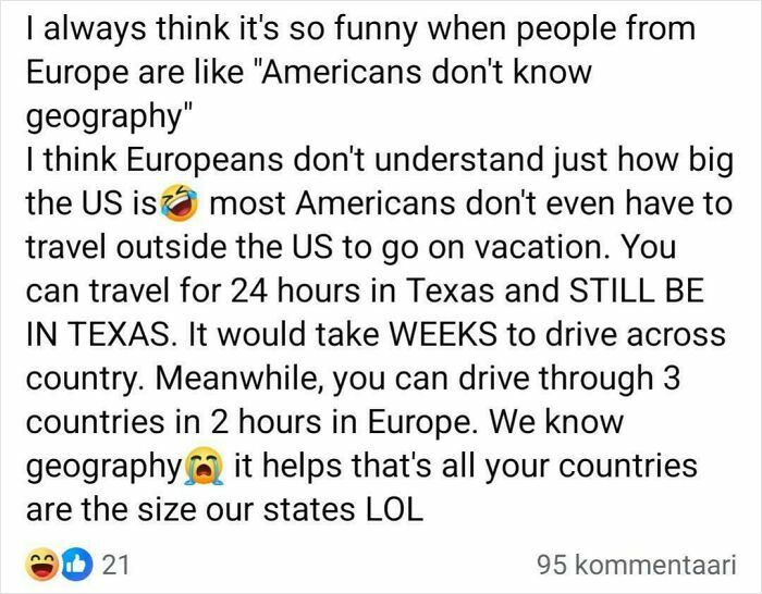 Text post humorously discussing Americans' geography knowledge and the size of US states versus European countries.