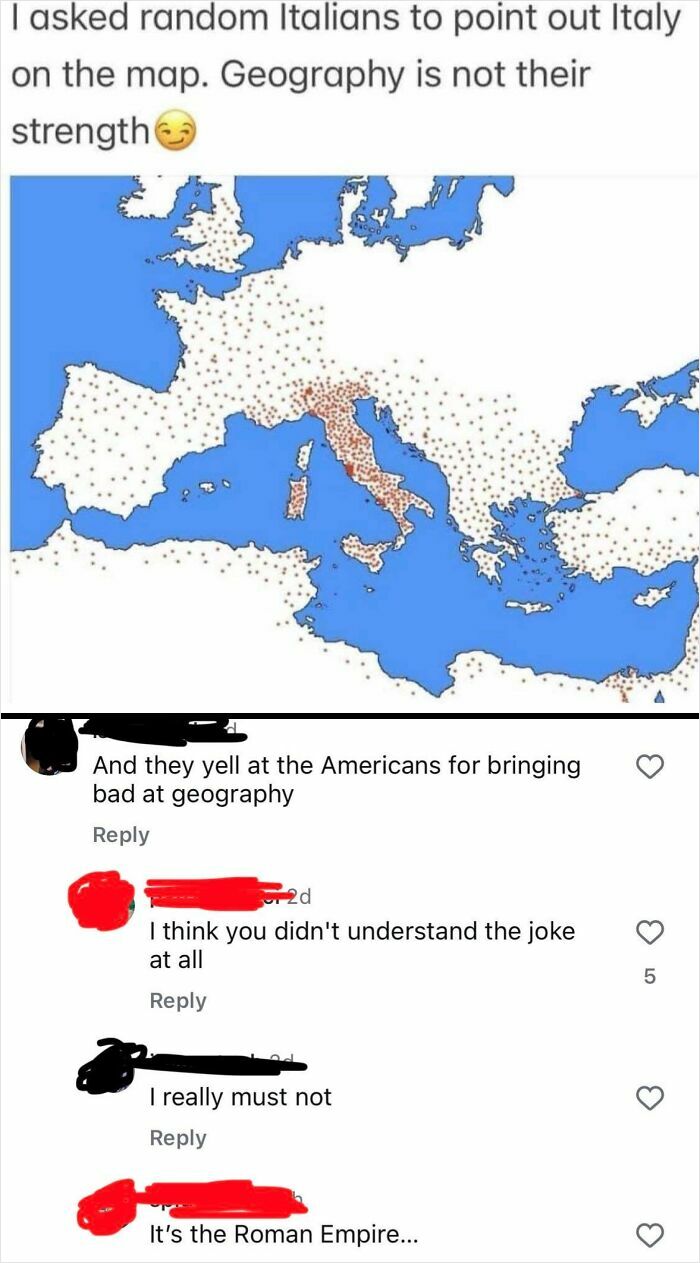 Map showing Italians incorrectly pointing out Italy, highlighting funny geographic fails and internet facepalm moments.