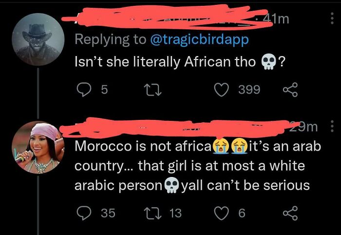 Twitter conversation showing people failing at geography, debating Morocco's location and cultural identity.