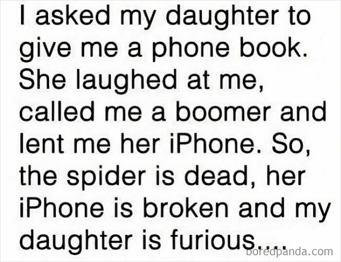 Funny dad joke post about asking for a phone book, using an iPhone, and a spider incident from a Facebook group.