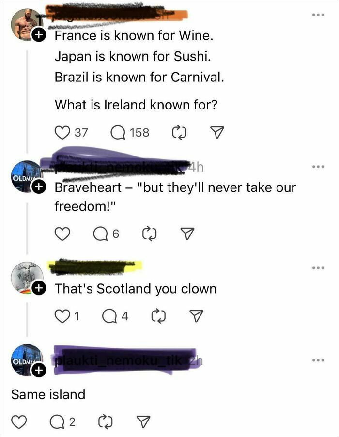 Social media comments showing a geography fail about Ireland, Scotland, and confusion causing internet facepalms.
