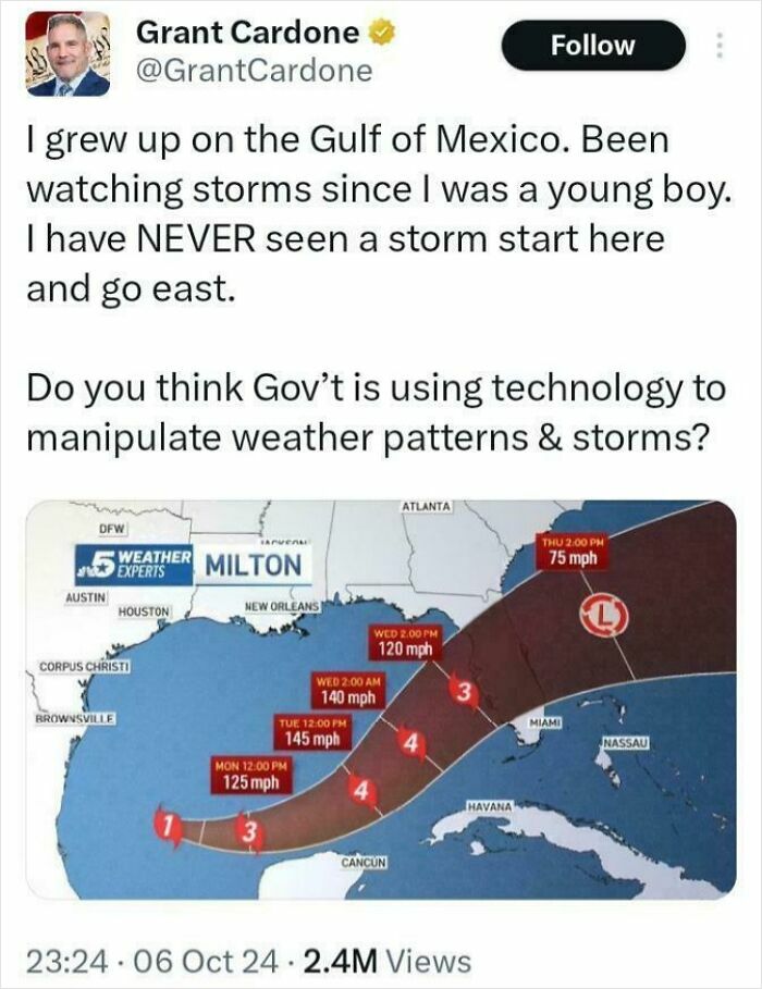 Tweet claiming government manipulates weather with storm path map, highlighting major geography and weather misconceptions.