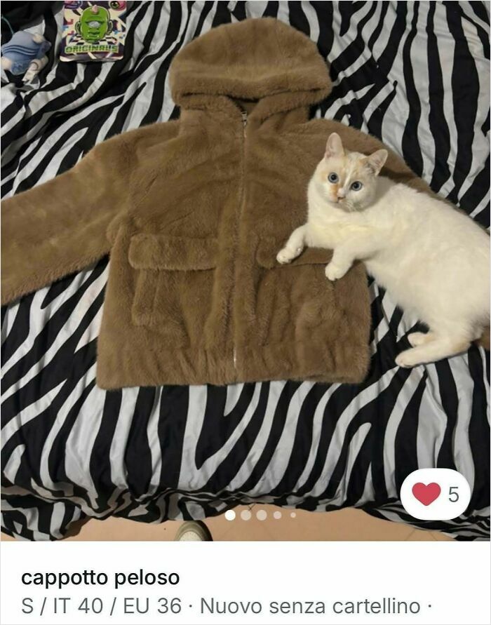White cat lying next to a brown furry coat on a zebra-striped blanket, cats stealing the spotlight in Vinted ads.