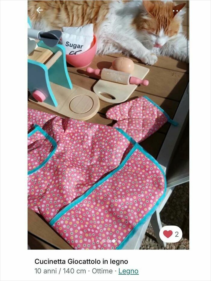 Orange and white cat lying next to wooden toy kitchen utensils and a pink patterned apron in Vinted ads.