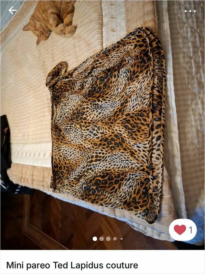 Ginger cat lying on bed beside leopard print mini pareo in Vinted ad featuring cats stealing spotlight.