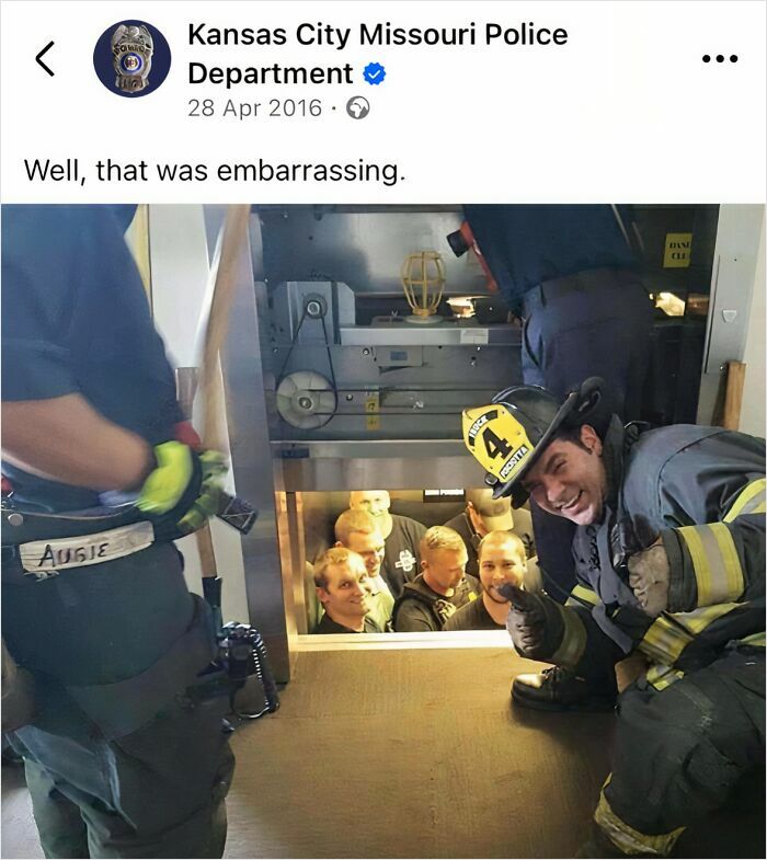 Kansas City Missouri Police Department sharing a humorous moment on police social media accounts showing a firefighter and trapped group.