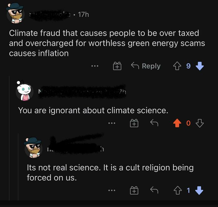 Reddit conversation showing users debating climate science and government scams with a geography fail flair.