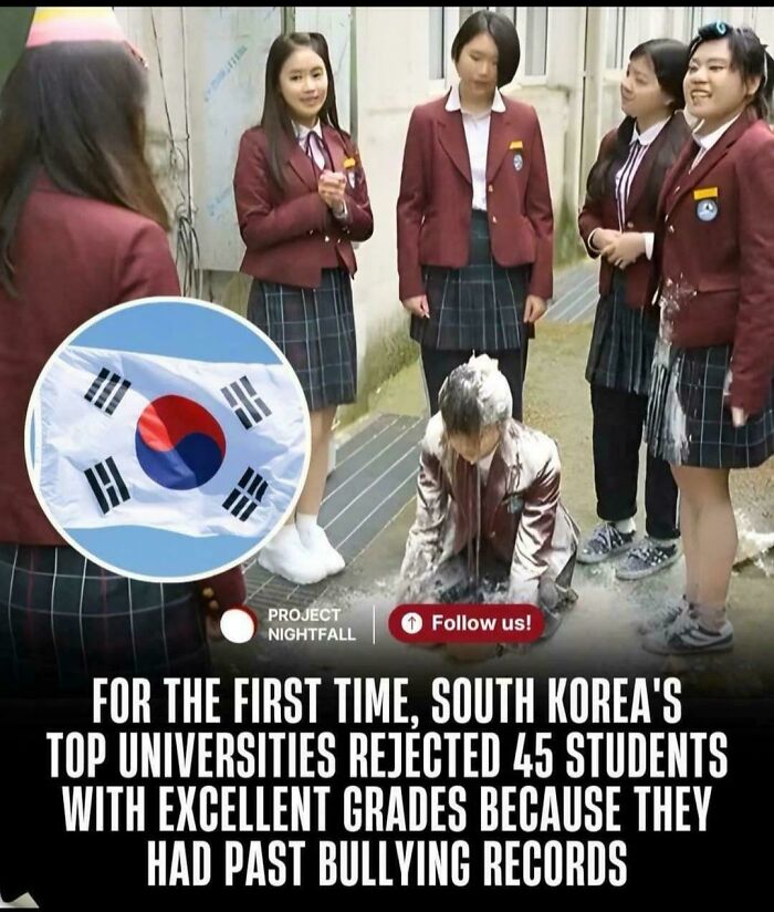 Korean students in uniform, one kneeling on the ground, an amazing photo depicting a past bullying record.