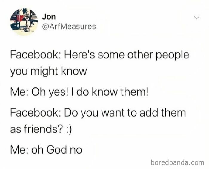 Social media dad jokes post showing a humorous dialogue about knowing people but not wanting to add them as friends.