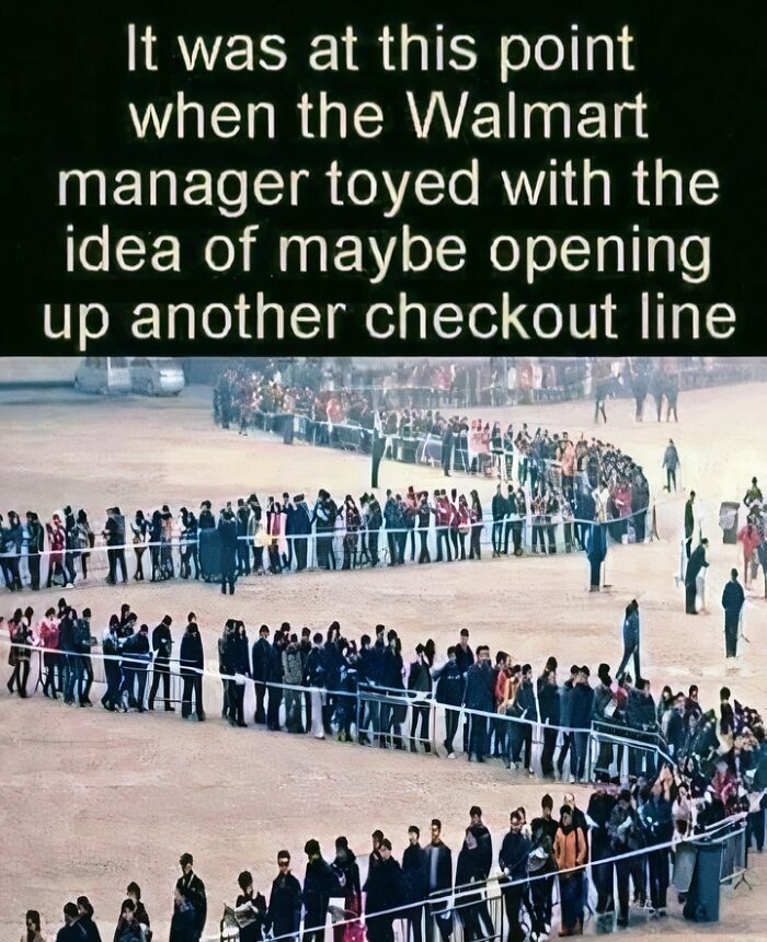 Long line of people waiting with humorous text about Walmart manager considering opening another checkout in dad jokes post.