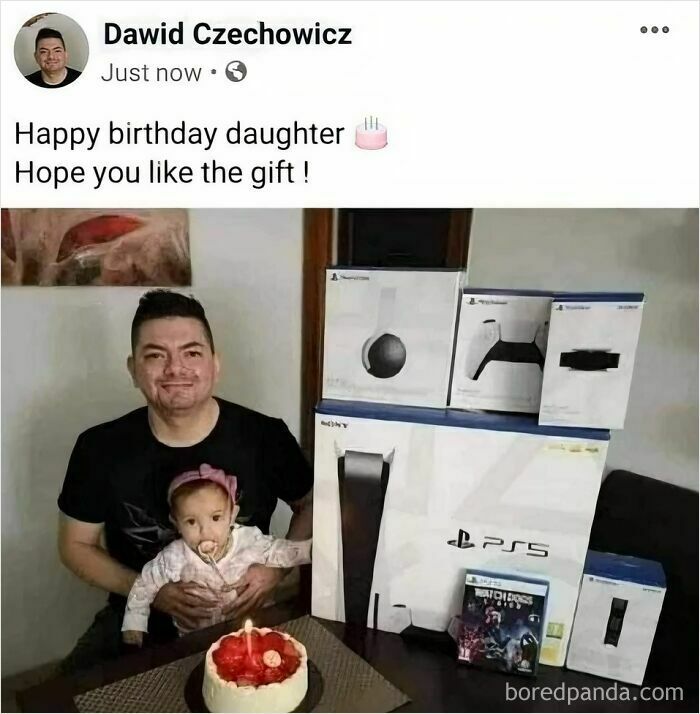 Man holding baby with PS5 and accessories birthday gift, a funny dad joke post for daily dose of dad jokes.