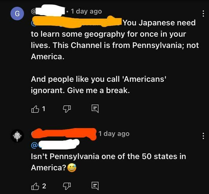 Comment conversation showing someone incorrectly denying Pennsylvania is in America, highlighting funny geography fails online.
