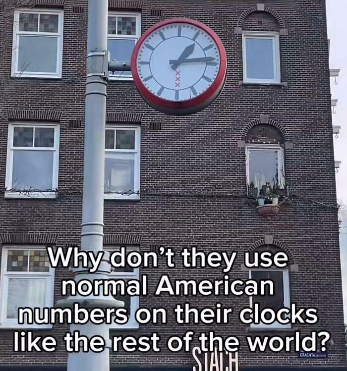 Street clock with unusual markings and caption questioning American numbers, highlighting geography misunderstanding facepalm moment