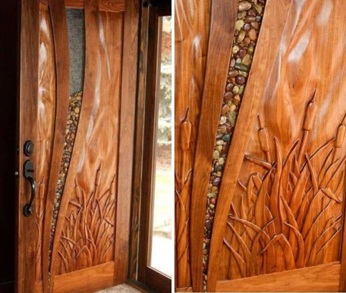 Intricately carved wooden door featuring cattails and natural stones, showcasing talented woodworkers' craftsmanship and creativity.