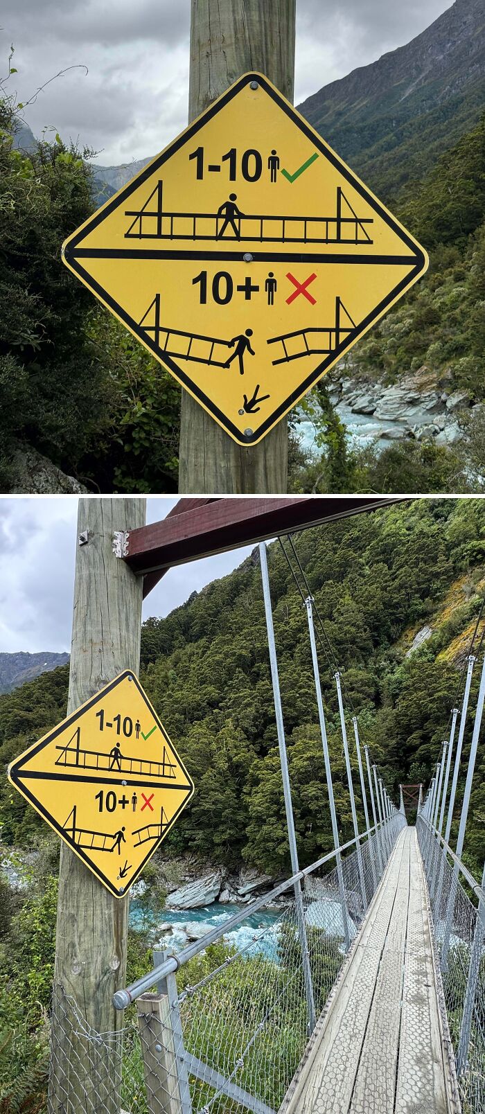 Yellow warning sign on a suspension bridge showing limit of 1-10 people for safety, a bizarre and hilarious sign.