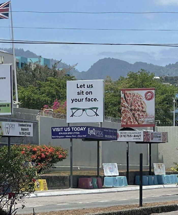 Humorous and bizarre sign for an optical store saying Let us sit on your face with glasses illustration.
