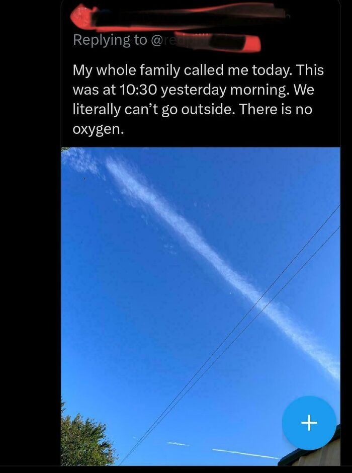 Screenshot of a social media post with a clear blue sky, showing a failed geography misconception about no oxygen outside.