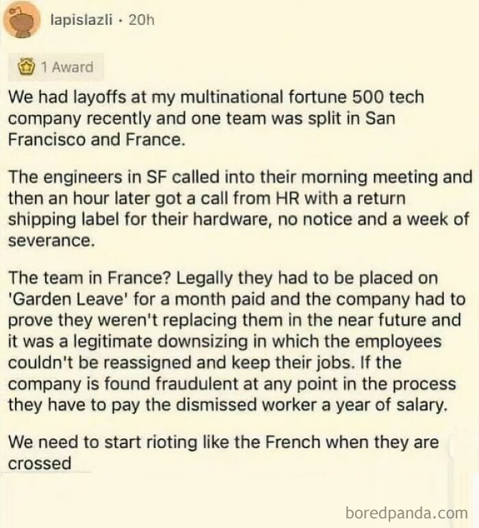 Post describing layoffs in a multinational company, comparing treatment of employees in San Francisco and France, calling out the world.