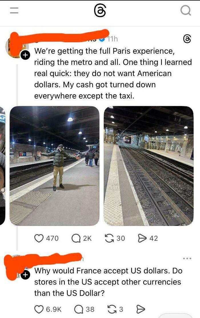 Social media post showing Americans confidently posted about expecting France to accept American dollars.