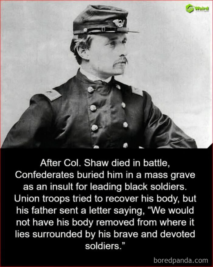 Black and white image of Civil War officer with text about burial of Col Shaw by Confederates, highlighting world we're living in.
