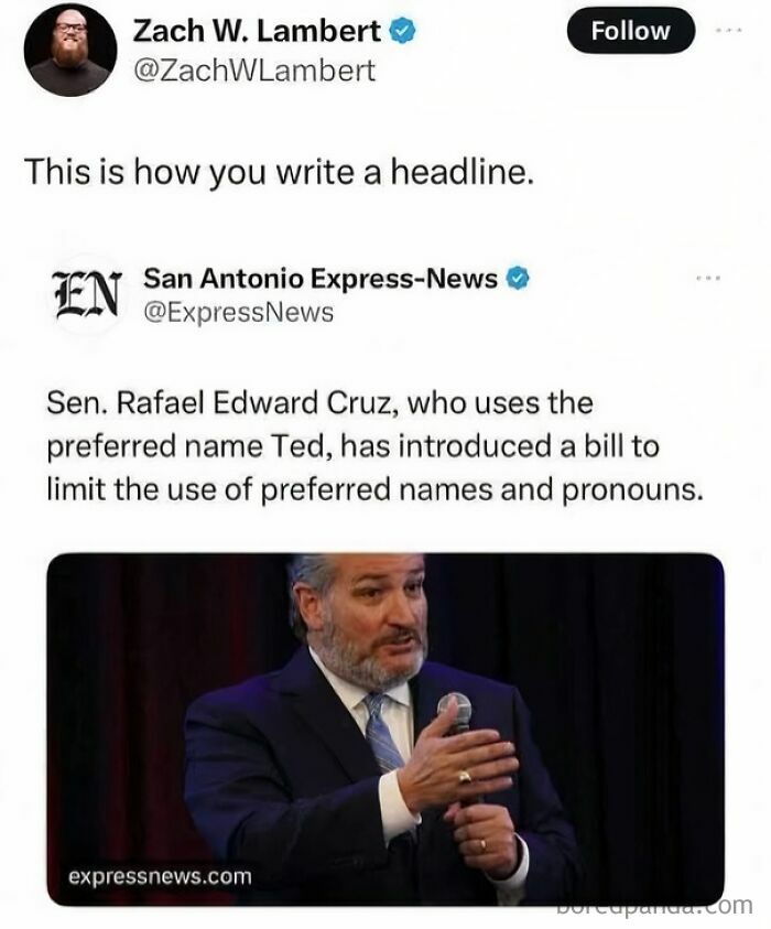Tweet showing a headline example with Senator Ted Cruz introducing a bill, related to straight to the point posts calling out the world.