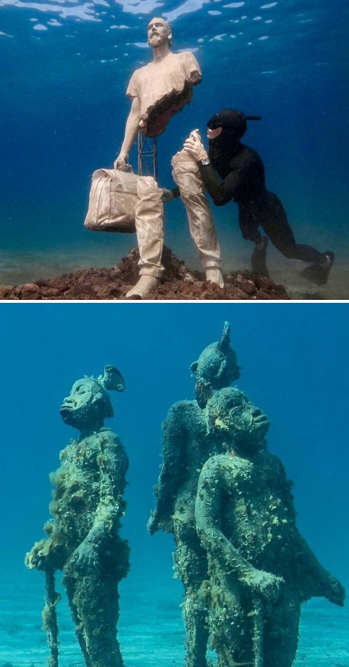 Underwater sculptures with diver exploring and ocean statues covered in marine growth in unexpected ocean photos.