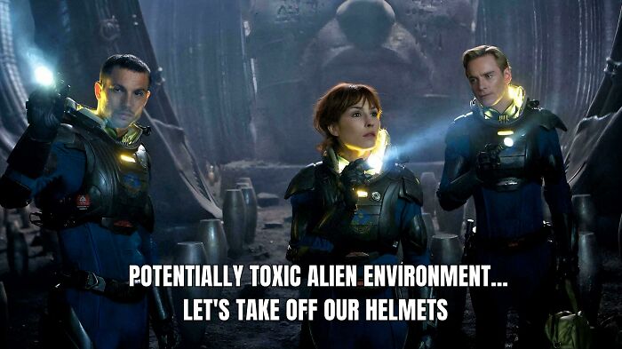 Three people in futuristic suits with glowing lights inside a dark alien environment, a science fiction nerd meme.
