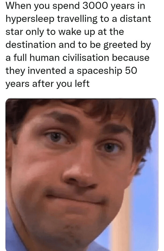 Man with a disappointed expression reacting to a science fiction scenario about hypersleep and spaceship invention delay.