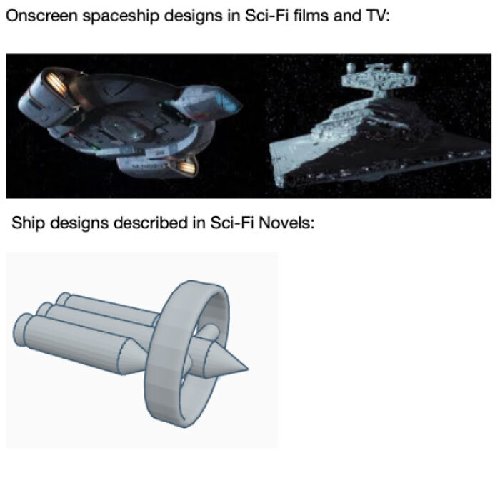 Comparison of onscreen spaceship designs and simpler sci-fi novel ship designs in a funny and relatable science fiction meme.
