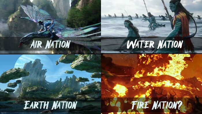 Scenes from a science fiction movie showing Air Nation, Water Nation, Earth Nation, and a fiery Fire Nation chaos meme.